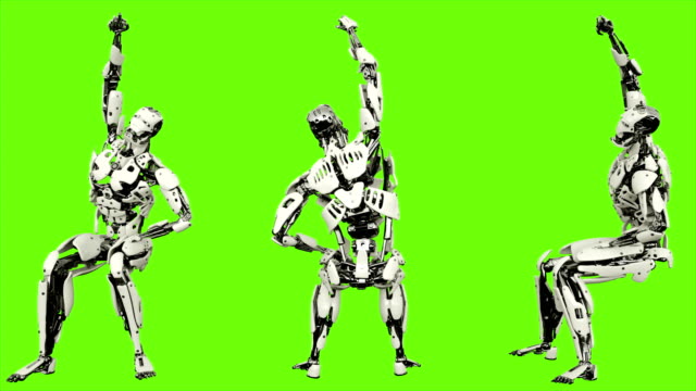 Robot-android-is-cheering-while-sitting.-Realistic-looped-motion-on-green-screen-background.-4K