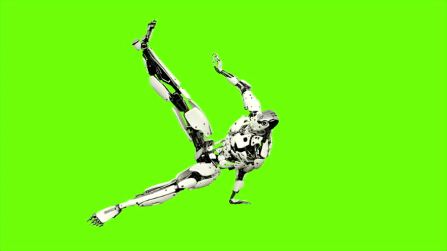 Android-Roboter-tanzt.-Realistische-geschlungene-Bewegung-auf-green-Screen-Hintergrund.-4K