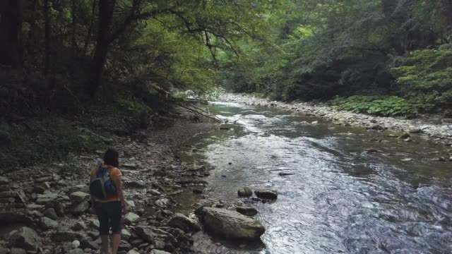 Woman-with-backpack-walking-on-stony-shore-of-river-in-summer-forest-drone-view
