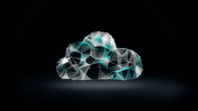 Numerous-dots-gather-to-create-a-Cloud-sign,-low-polygon-web.-4k-animation-movie.
