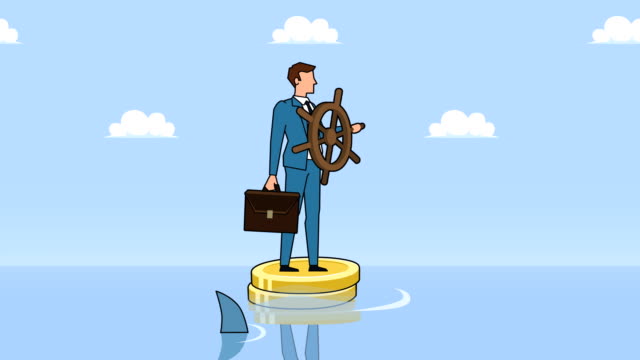 Flat-cartoon-businessman-character-with-helm-wheel-floating-on-dollar-coins-near-shark-businesss-control-concept-animation