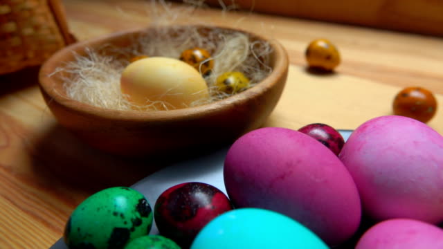 Panorama-of-festive-painted-easter-eggs-laid-on-a-plate