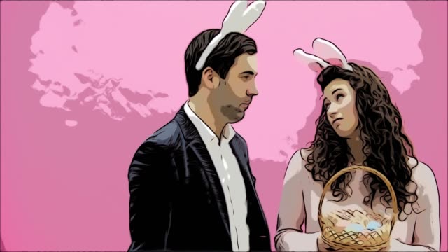 Young-couple-standing-standing-on-pink-background.-With-a-bunny-ears-on-the-head.-During-this-man-gives-his-wife-a-basket-of-colored-eggs.-Easter-Concept.-Animation