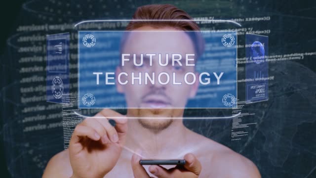 Guy-interagiert-HUD-Hologramm-Zukunftstechnologie