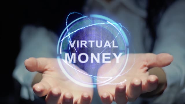 Hände-zeigen-runde-Hologramm-virtuelles-Geld