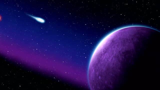Impacto-espacial-de-los-meteoros-de-asteroides,-animación-planeta-púrpura