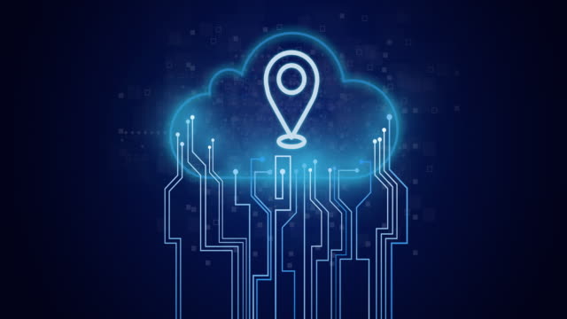 Location-icon-on-circuit-and-cloud-composition.