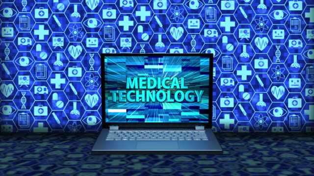 3D-Rendering-Laptop/Notebook-auf-dem-Boden-mit-Medizintechnik-auf-dem-Bildschirm-und-Icon-Set-Hintergrund-in-blauer-Farbe.-Nahtlose-Schleife.