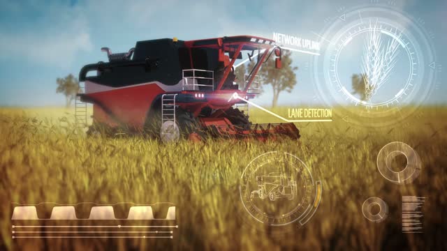Industrial-3D-4K-60-fps-animation-with-digital-overlays-of-autopilot-harvester-combine-working-on-the-rural-field