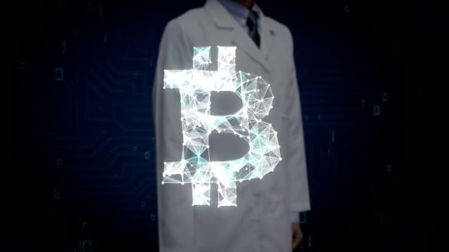Scientist,-engineer-touched-screen,-Numerous-dots-gather-to-create-a-Bitcoin-currency-sign,-low-polygon-web.