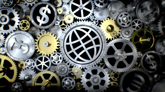 Rotierende-globale-Erde-im-Getriebe-mit-verschiedenen-Welt-Währung-Zeichen.