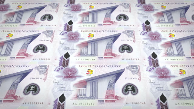 Banknoten-von-fünf-Papua-neuguineischer-Kina-von-Papua-Neu-Guinea,-Bargeld,-Schleife