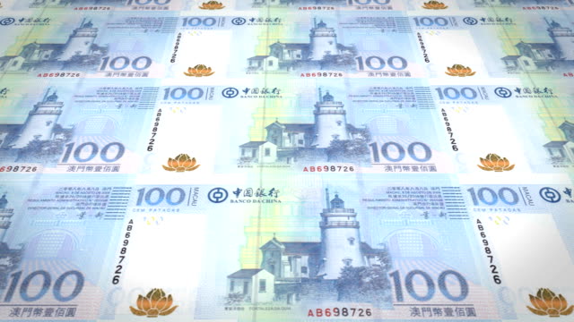 Banknoten-der-hundert-Macau-Patacas-Macao-Rollen,-Bargeld,-Schleife
