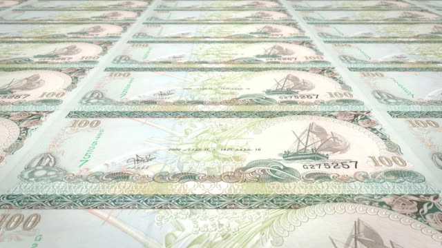 Banknoten-der-hundert-maledivische-Rufiyaa-der-Malediven,-Bargeld,-Schleife