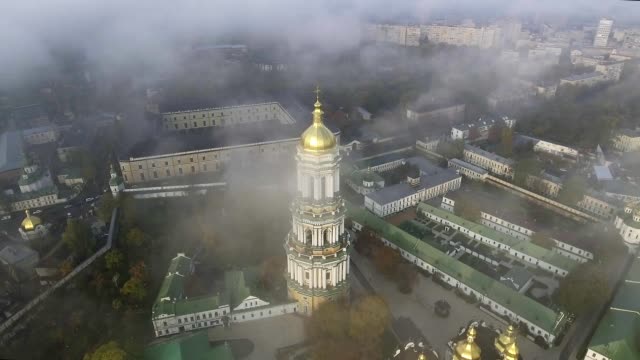 Aerial-view-Kiev-Pechersk-Lavra-in-autumn,-Kyiv-Pechersk-Lavra-on-a-hill-on-the-banks-of-Dnipro-river.-Kiev-,-Ukraine.