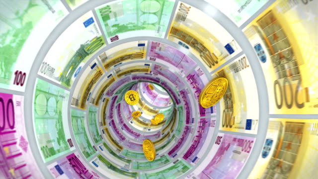 Bitcoins-Flug-durch-einen-Tunnel-aus-Euro-Scheine