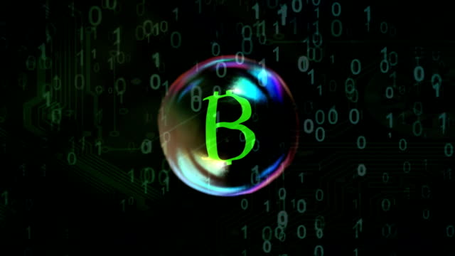 Platzen-der-Seifenblase-mit-Bitcoin-Münzen-Zeichen-innen,-auf-einem-binären-Code-und-Platine-Hintergrund.