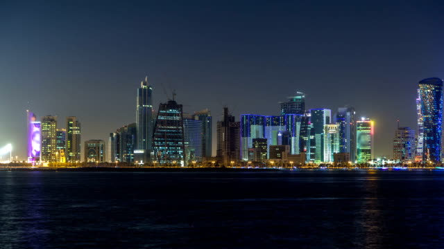 Doha-skyscrapers-in-downtown-skyline-night-timelapse,-Qatar,-Middle-East