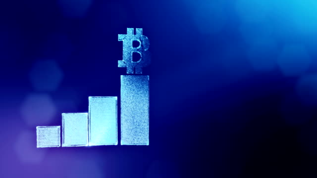 Zeichen-der-Bitcoin-Logo-auf-das-Diagramm.-Finanzieller-Hintergrund-aus-Glühen-Teilchen-als-Vitrtual-Hologramm.-Glänzende-Schleife-3D-Animation-mit-Tiefe-Feld,-Bokeh-und-Kopie.-Blauer-Hintergrund-1