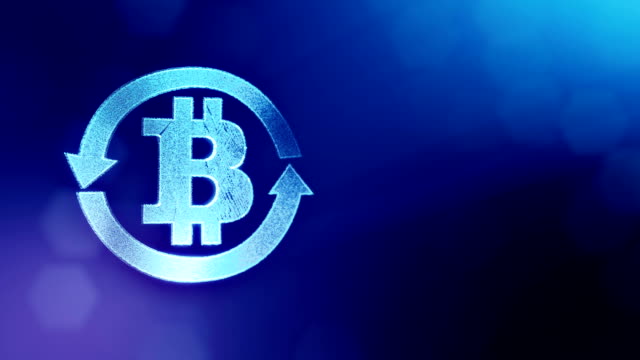 Logo-Bitcoin-in-den-kreisförmigen-Pfeilen.-Finanzieller-Hintergrund-aus-Glühen-Teilchen-als-Vitrtual-Hologramm.-Glänzende-Schleife-3D-Animation-mit-Tiefe-Feld,-Bokeh-und-Kopie.-Blaue-Farbe-v2