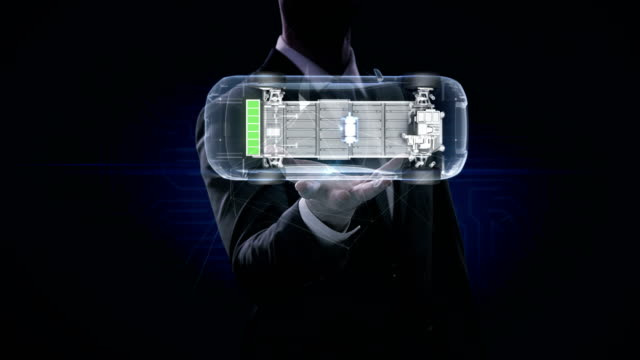 Businessman-opens-palm,-Electronic,--ion-battery-echo-car.-Charging-car-battery.-Battery-level-check,-future-car.-change-top-view.-4k-movie.