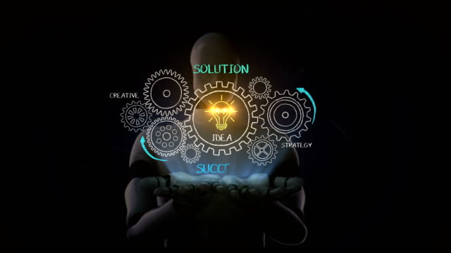 Robot,-cyborg-opens-two-palms,-Drawing-success,-solution-concept-with-gear-wheel-on-chalkboard,-creative,-strategy.-Animation.-4k-movie.1.