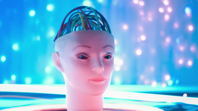 Cables-en-cabeza-humanoide-artificial,-luces-abstractas-de-la-mente-de-robots