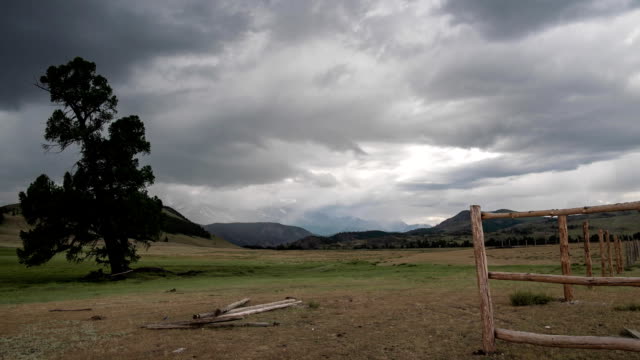 TimeLapse.-Clouds-with-rain-cover-the-snow-capped-mountains-in-the-background.-A-huge-coniferous-tree-is-shaking-in-the-wind,-a-village-fence-in-the-foreground.-Mountain-landscape