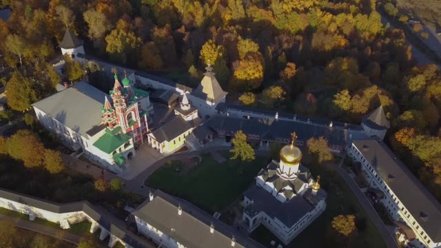 Savvino-Storozhevsky-Monastery-in-Zvenigorod---Moscow-region---Russia---aerial-video