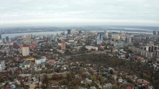 Bird's-eye-view-on-downtown-area-of-Dnipro-city.-4k-footage-from-drone.