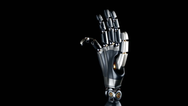 Brazo-robótico-cyborg-futurista-durante-la-acción-de-prueba.-Brilla-metal.-Fondo-negro.-animación-de-60-fps.