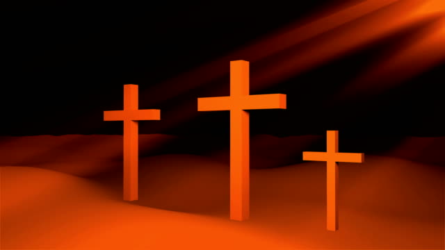 Tres-cruces-cristianas-están-en-tierra-y-el-sol-los-rayos,-arte-conceptual-de-resurrección-Pascua,-render-3d