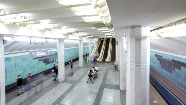 An-underground-train-departing-from-Metrobudivnikiv-metro-station-on-Oleksievska-Line-of-Kharkiv-metro-timelapse-hyperlapse