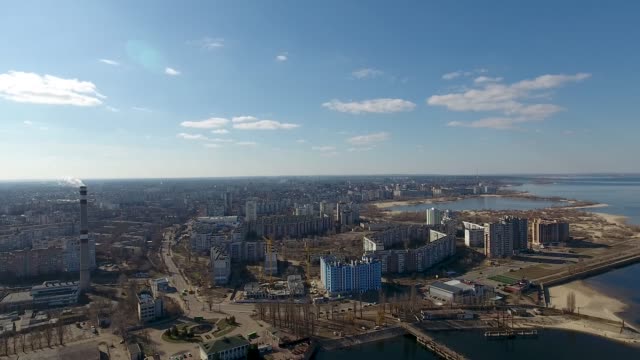 River-and-cargo-port-bird's-eye-view.-Cherkassy-city,-Ukraine.-Panorama