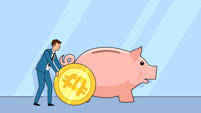 Flache-Zeichentrickfigur-Geschäftsmann-Zeichentrickrolle-schiebt-Münze-auf-die-Sparschweine-Bank-Bitcoin-Geldkonzept-Animation