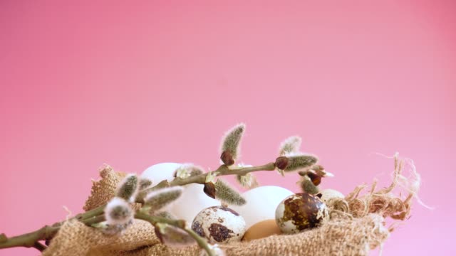 Ostereier-auf-rosa-Hintergrund-mit-einem-Weidenzweig