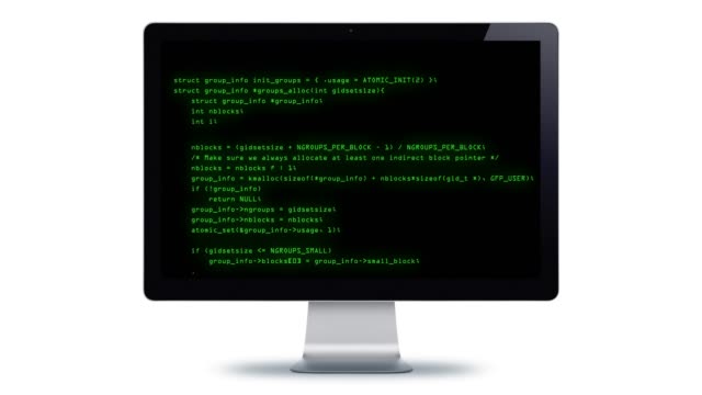 Computerbildschirm-mit-Programmiercode-auf-weißem-Hintergrund.-Alpha-Kanal,-4K