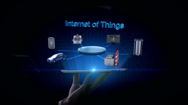 Heben-Tablet,-handy,-Smart-House,-Fabrik,-Gebäude,-Auto,-Internet-Sensor-verbinden-'Internet-der-Dinge',-4k-Film.