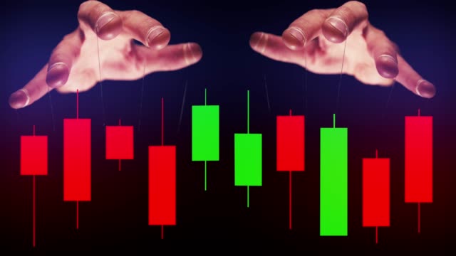 Börsenmanipulation-mit-großen-dominierenden-Marionettenmeisterhänden,-die-den-Kurs-kontrollieren