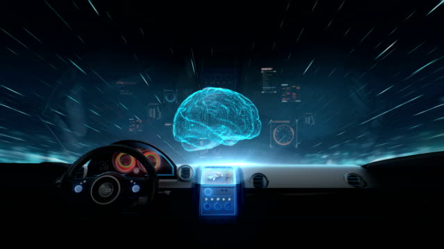 Inside-of-Future-hybrid-cars,-Rotating-digital-brain-shape,-grow-artificial-intelligence.