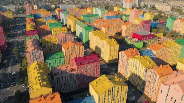 Aerial-view-of-district-of-colorful-houses-in-Kiev