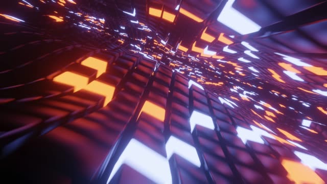 Abstrakte-Infinite-Loop-Animation-3D-Raum-Hintergrund-mit-einer-Perspektive-von-Metallwürfeln-und-hellen-Elementen-des-Lichts.