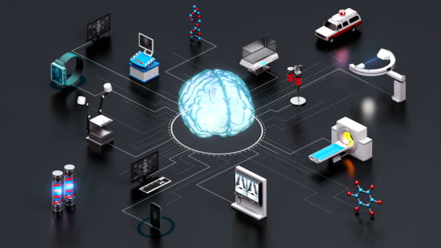 Varios-dispositivos-de-atención-médica-inteligentes,-equipos-médicos-que-conectan-el-cerebro-digital,-inteligencia-artificial.-escáner-de-resonancia-magnética,-ct,-rayos-X.-4k.-espalda-gris
