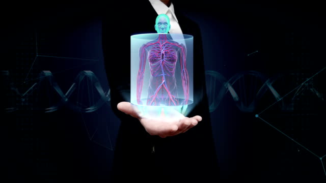 Businesswoman-open-palm,--front-Female-body-scanning-blood-vessel-system.