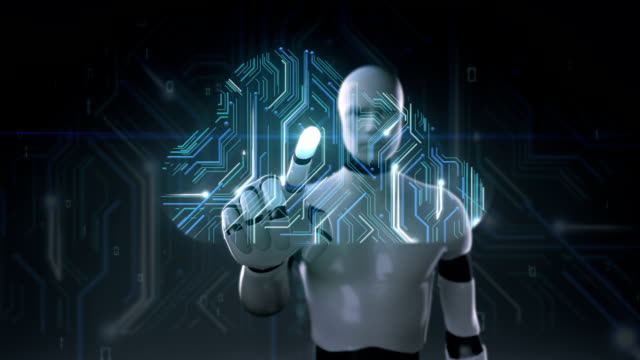 Robot-tocando-el-icono-de-la-nube,-acceso-Cloud-computing-animación-de-servicio.