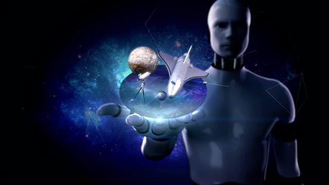 Robot-cyborg-open-palm,-Space-Sciences-Laboratory,-planet,-astronomy