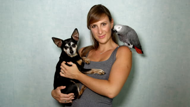 CLOSE-UP:-Portrait-of-African-grey-parrot-sitting-on-shoulder,-girl-and-pet-dog