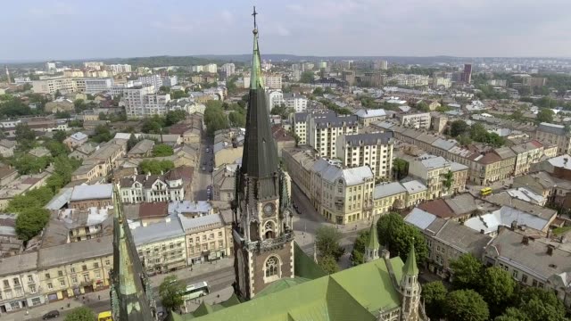 Aerial-view-of-the-Church-Of-St.-Elizabeth-In-Lviv,-Ukraine