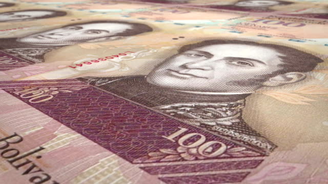 Banknoten-der-venezolanische-Bolivar-hundert-Rollen-auf-dem-Bildschirm,-Bargeld,-Schleife