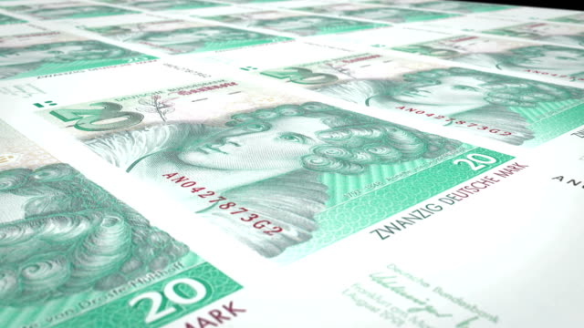Banknotes-of-twenty-german-marks-of-the-West-Germany-rolling,-cash-money